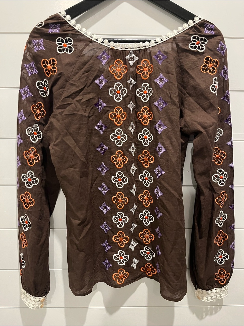 Tory Burch Embroidered Brown Floral Peasant Top Size 4